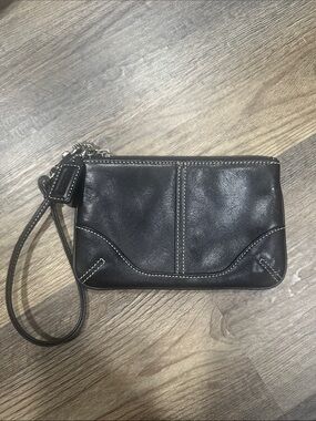 Coach Black Leather Wristlet with Contrast Stitching
